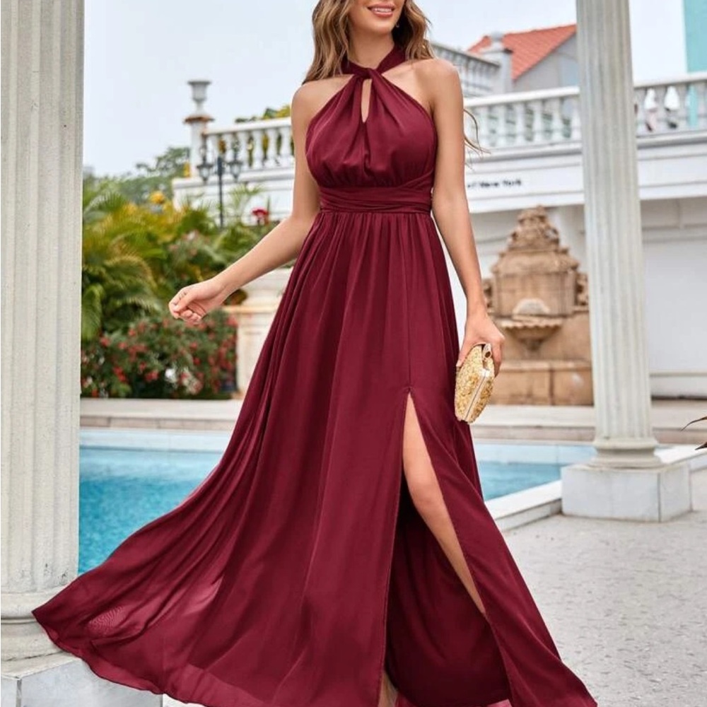 Elegant Burgundy Halter Maxi Dress